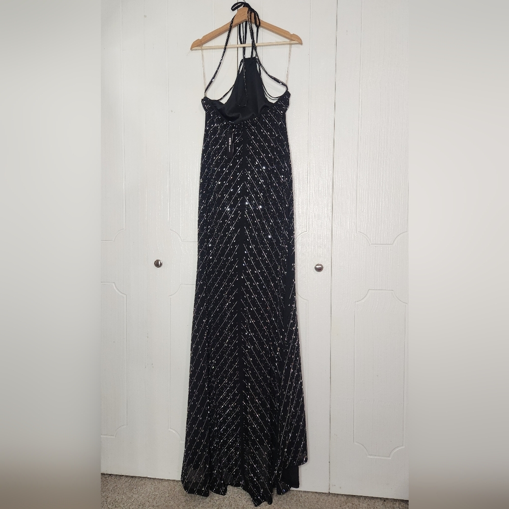 Black Silver Rhinestone Mermaid Bodycon Strappy Evening Gown - Picture 9 of 10
